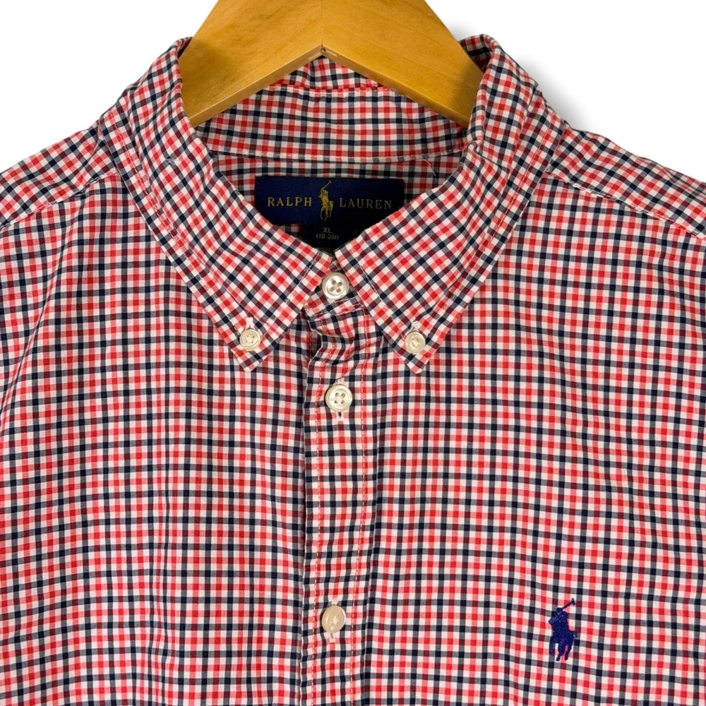 Ralph Lauren Button Down Boy Youth XL 18-20 Red Black Gingham Plaid Preppy Shirt